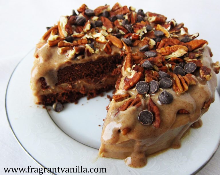 Vegan Dark Chocolate Bourbon Caramel Pecan Cake Fragrant Vanilla Cake